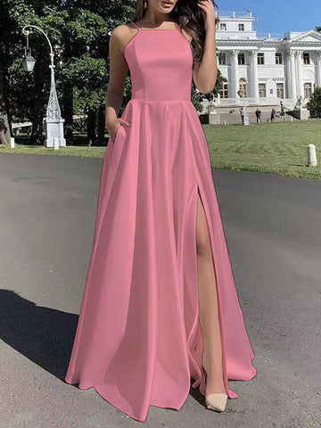 Woochic robe longue en stain à fines brides fendu le côté dos nu sans manches élégant de soirée Rose S